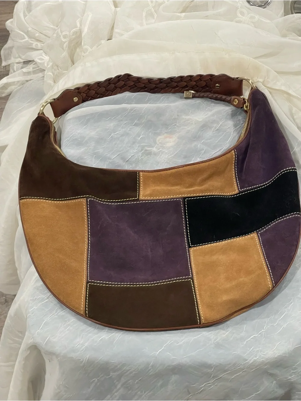 Michael Kors Patchwork Suede Shoulder Bag in Tan, Purple, Brown, Black